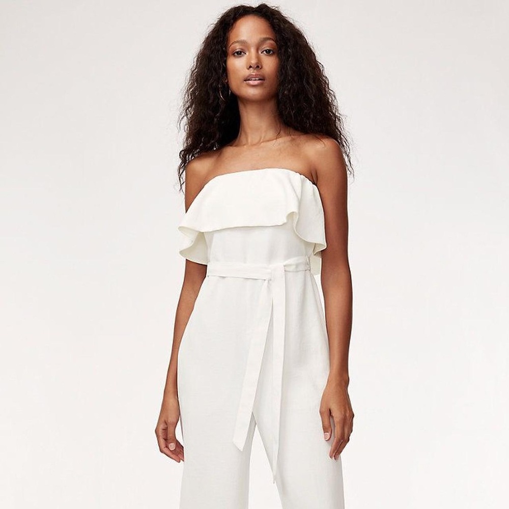 Babaton White Strapless Jumpsuit with Ruffle Overlay